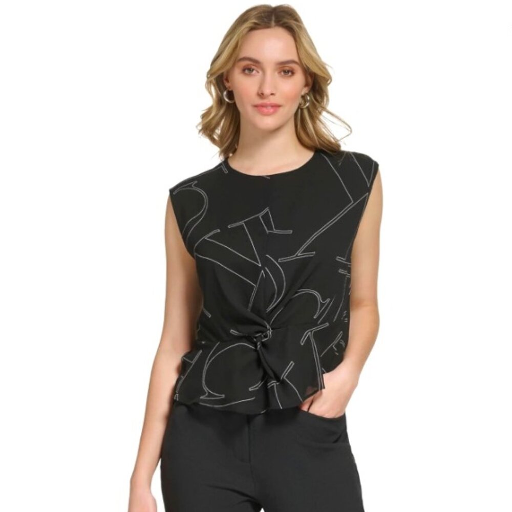 Calvin Klein Women's Printed Sleeveless Twist-Front Blouse Black/White S